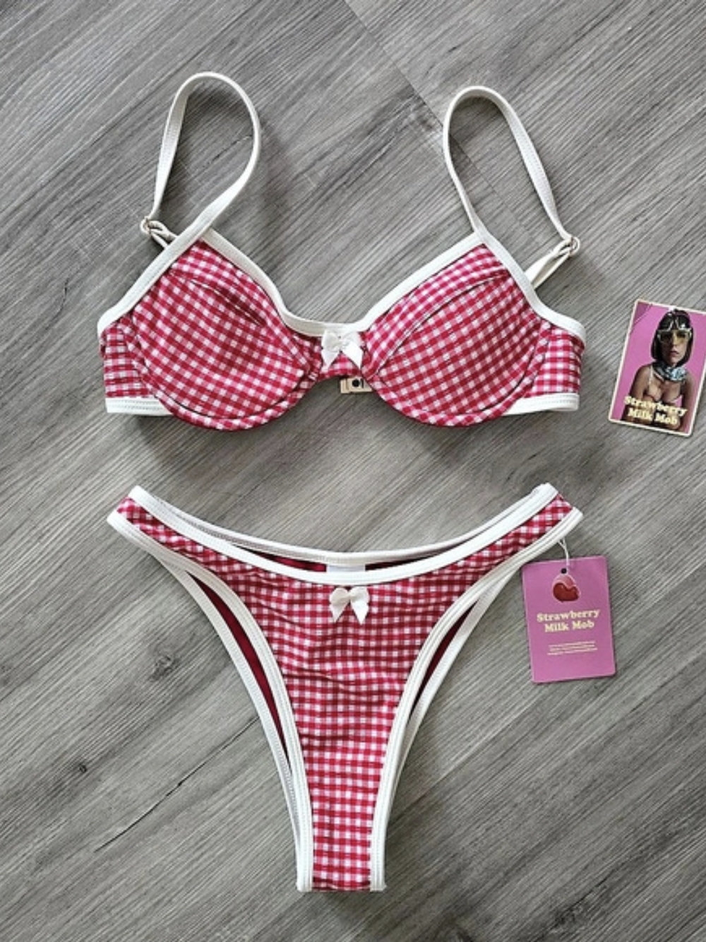 Strawberry Milk Mob | Ranch Water Bikini Set in Red & White Gingham | Size XS